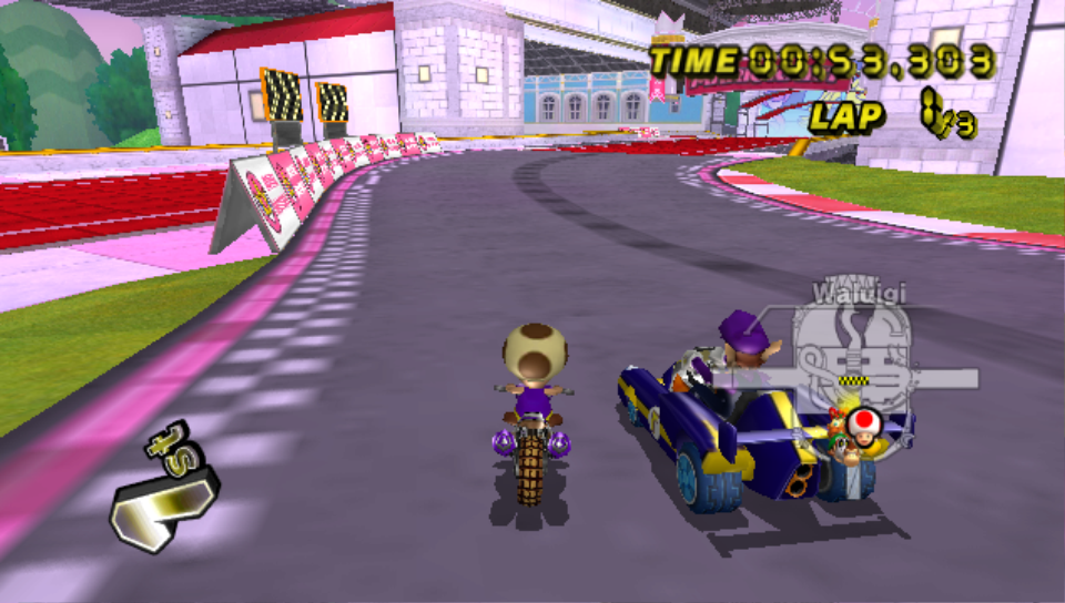 Racing beside Waluigi on a retro track